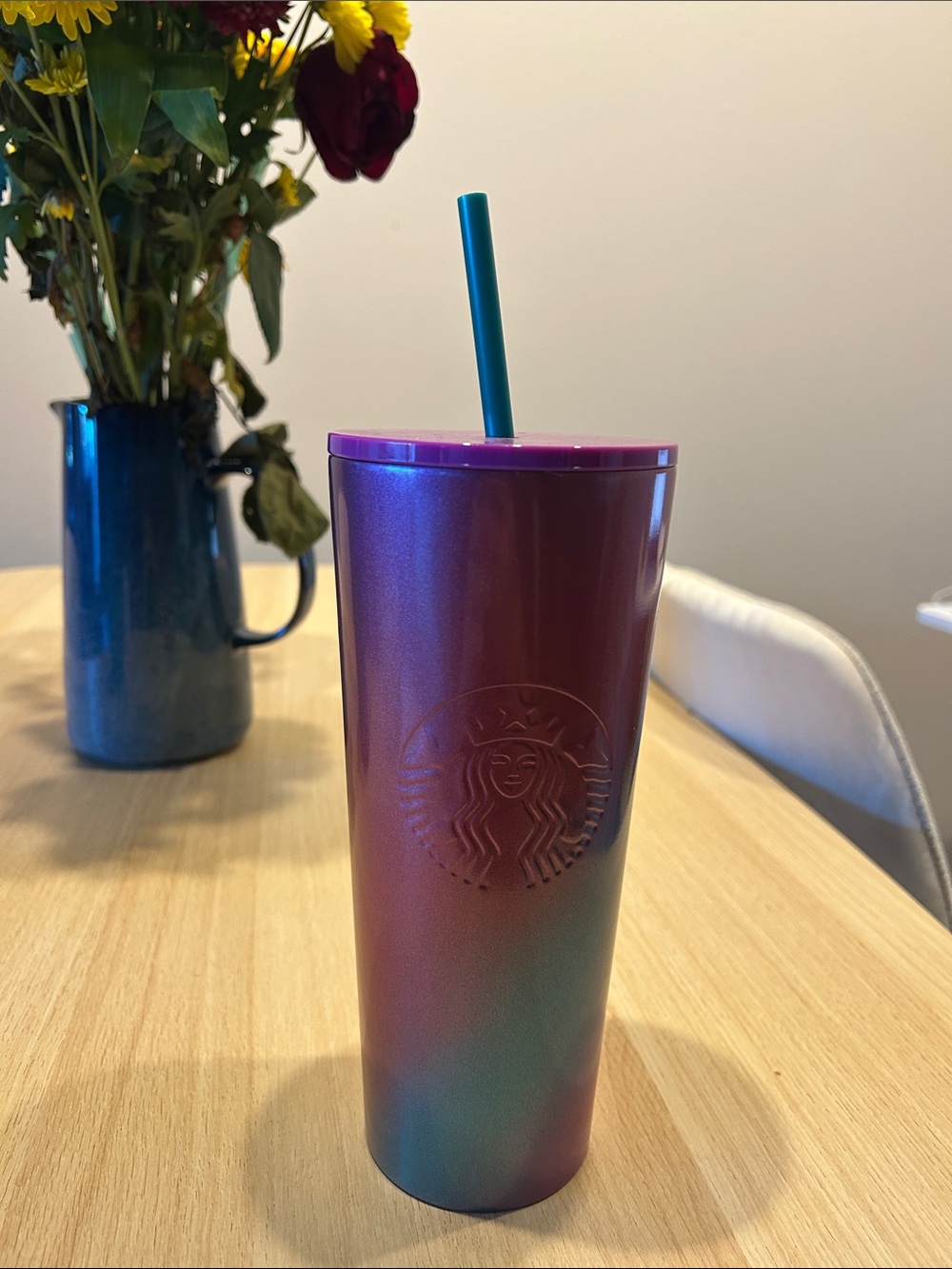 Starbucks Iridescent Purple-Pink to Teal Ombre Tumbler with Teal Straw